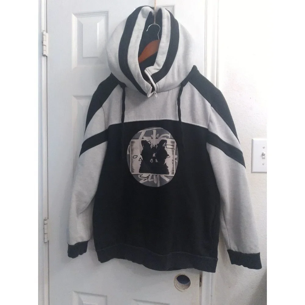 Retro Style Two-Tone Graphic Hoodie Black &‎ Grey Athletic Sweatshirt Pullover